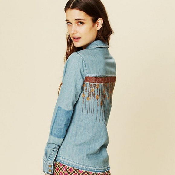 Free People Tops - Free People Blue Embroidered Denim Shirt